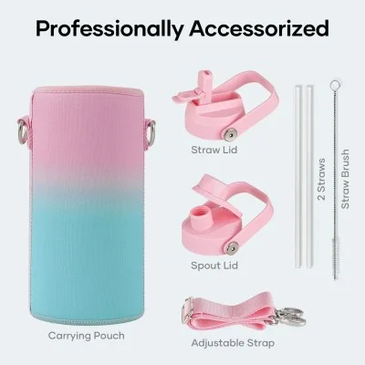 Buzio Duet Series Water Bottle with 2 Lids and Sleeve 1L - Pink Green